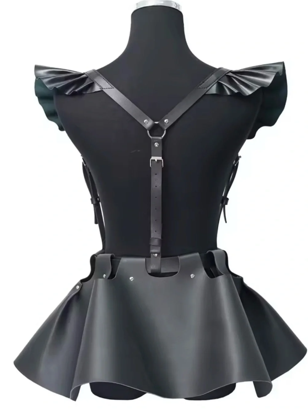 Women Fashion Leather Body Belt Skirt With Ruffle Hem Gothic Style Harness